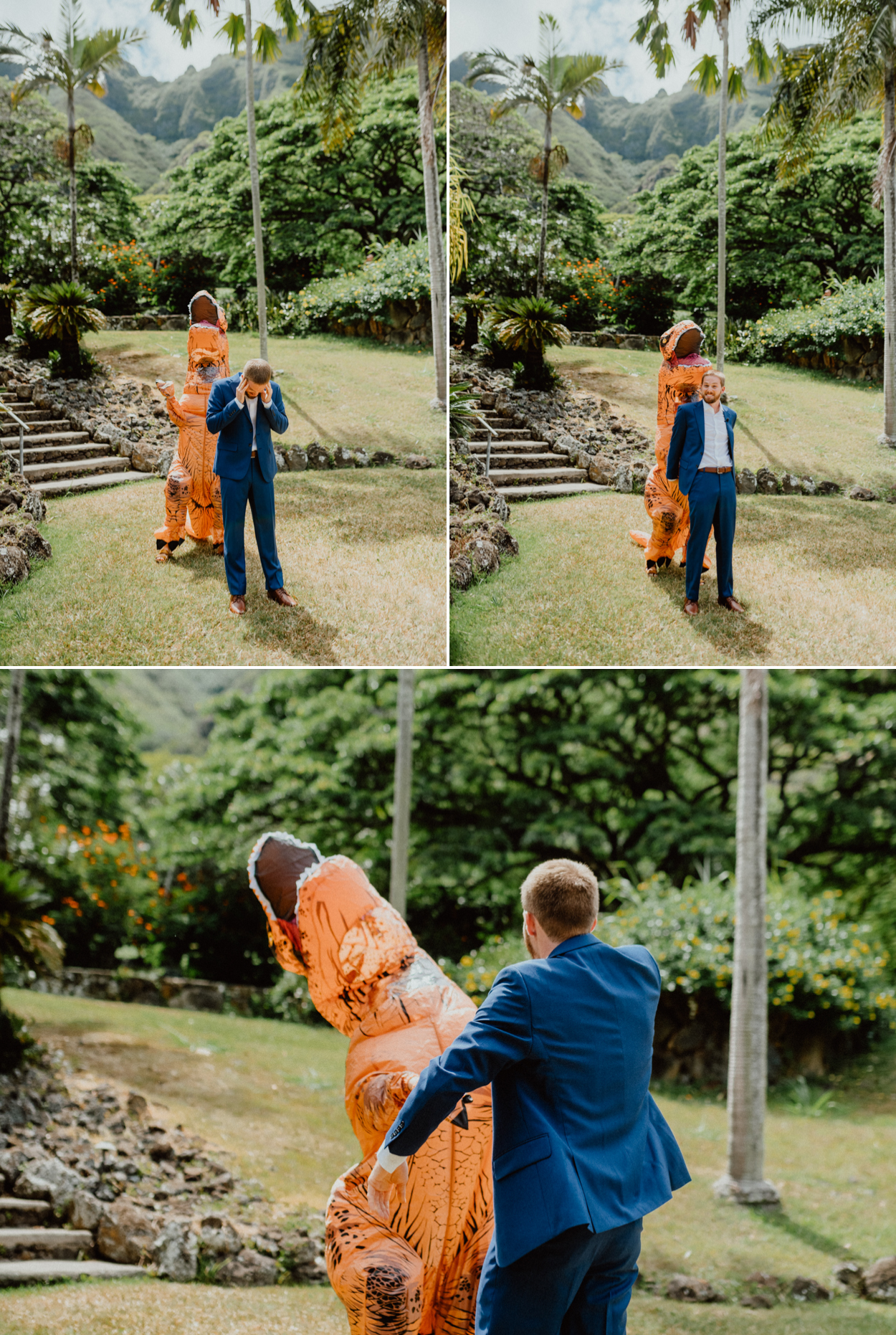 Bride about to surprise her groom in a dinosaur costume in Paliku Gardens Venue at Kualoa Ranch Jurassic Park theme