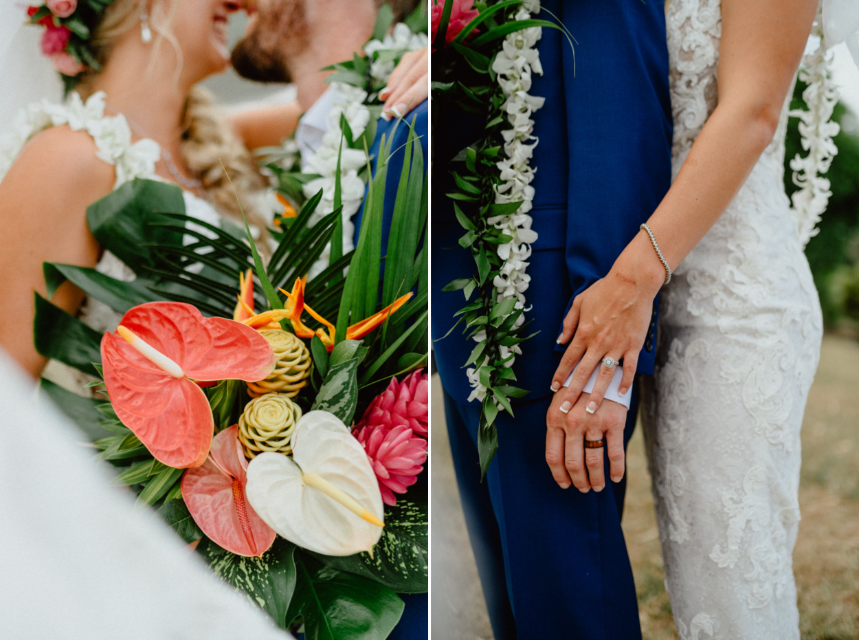 Bride and groom wedding ring and bouquet shots in Paliku Gardens Kualoa Ranch wedding with Koʻolau Range backdrop