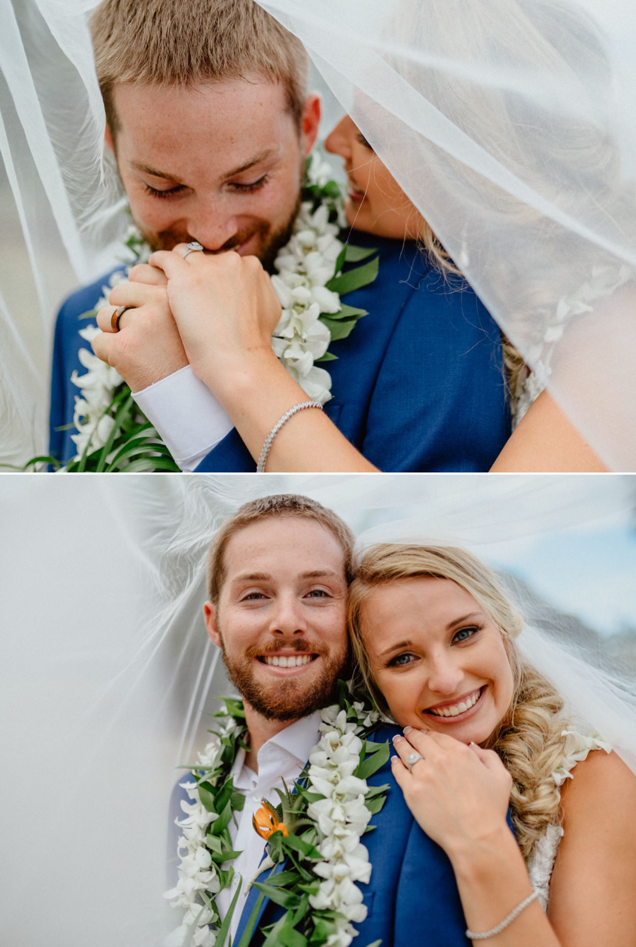 Bride and groom under veil shots in Paliku Gardens Kualoa Ranch wedding with Koʻolau Range backdrop