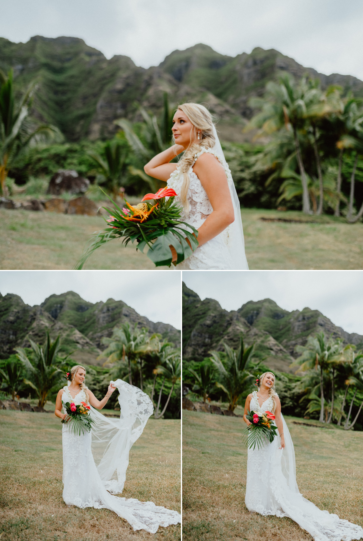 Bride in Paliku Gardens Kualoa Ranch wedding with Koʻolau Range backdrop