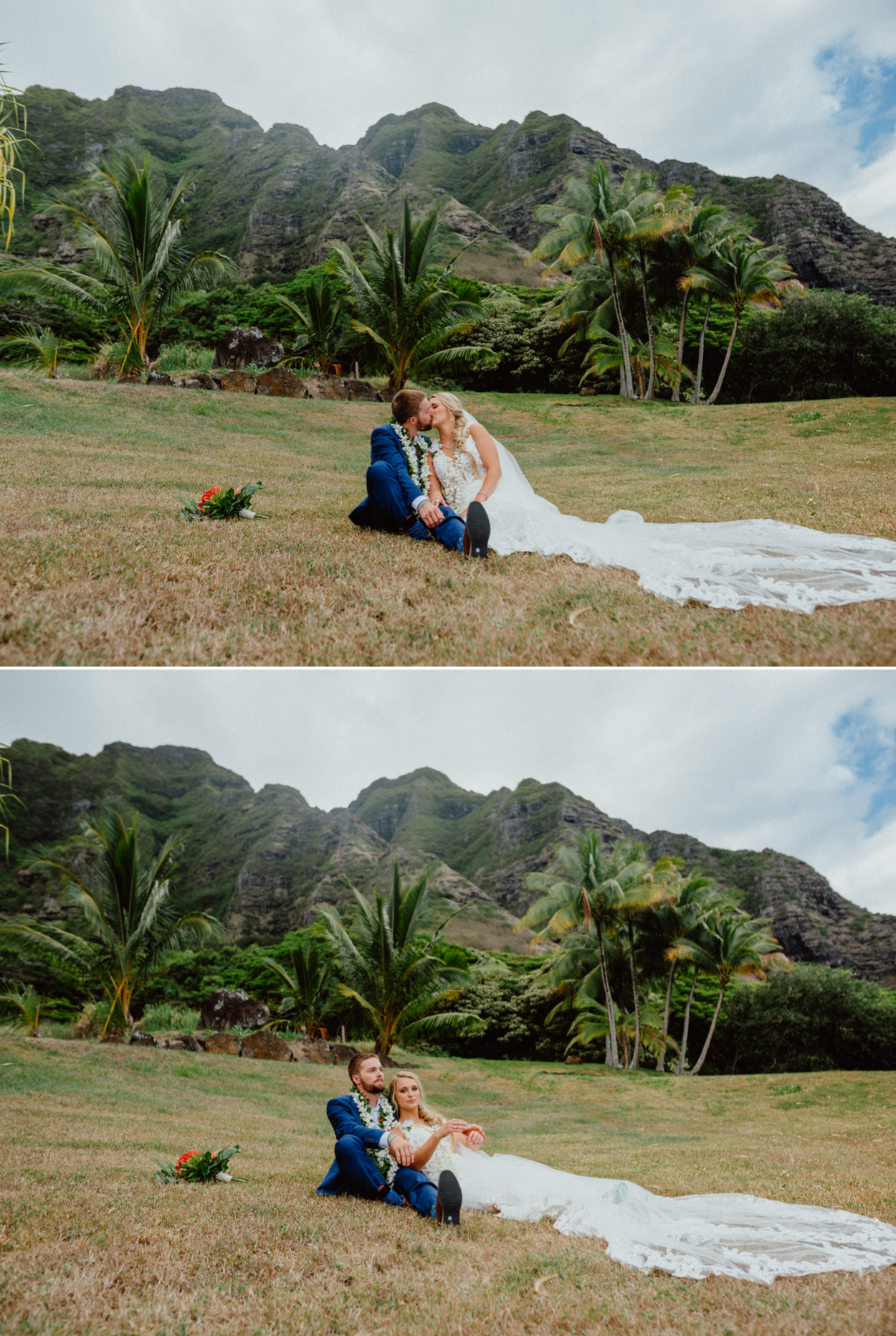 Bride Groom relaxing in Paliku Gardens Kualoa Ranch with Koʻolau Range backdrop