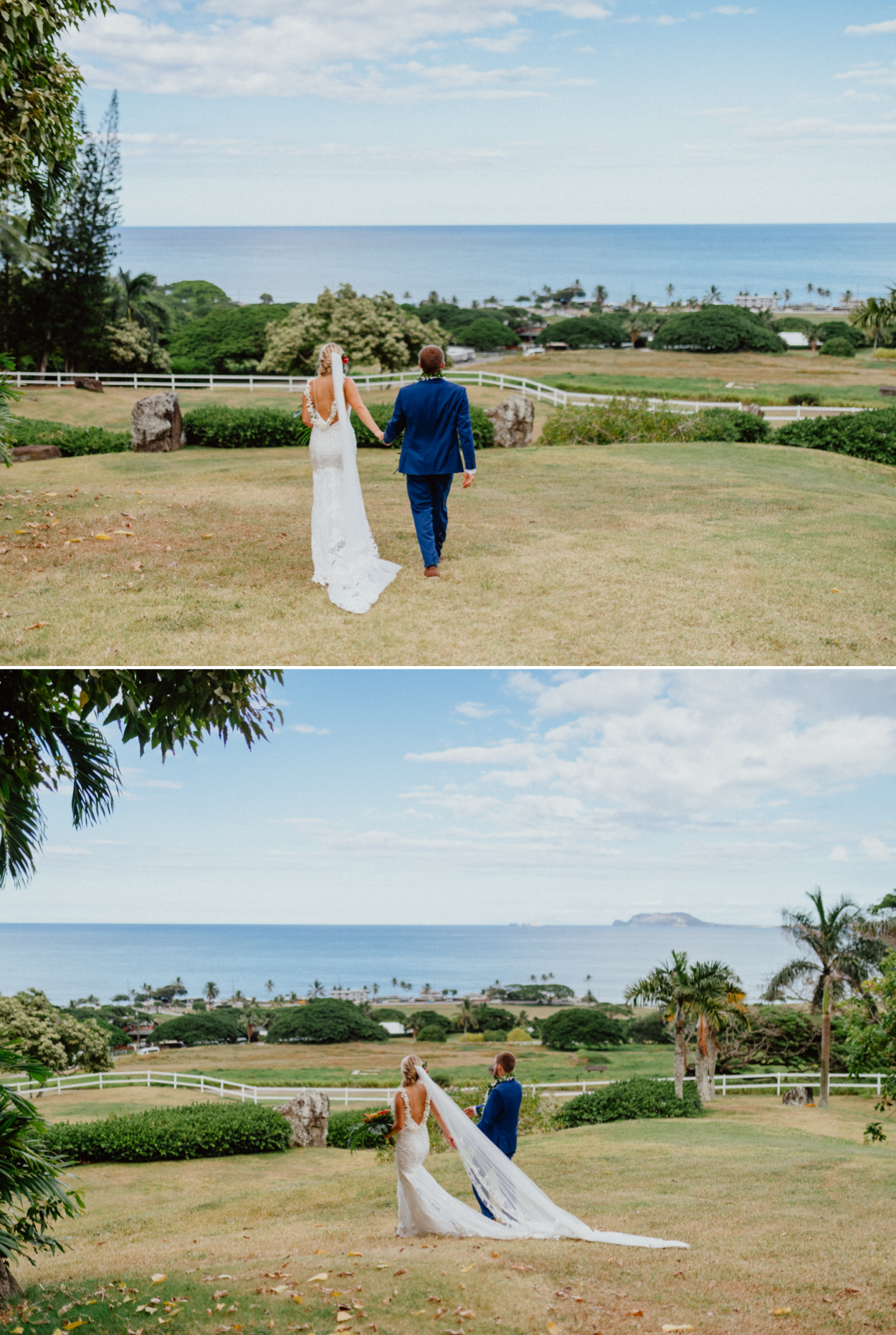 Bride Groom enjoying the view in Paliku Gardens Kualoa Ranch with Koʻolau Range backdrop Jurassic park theme