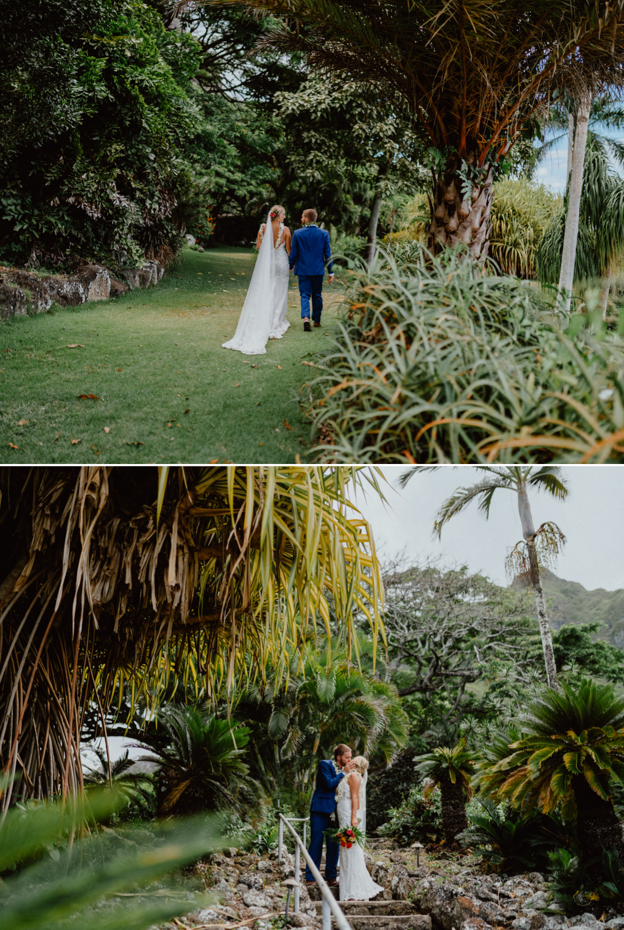 Bride Groom enjoying the view in Paliku Gardens Kualoa Ranch with Koʻolau Range backdrop Jurassic park theme