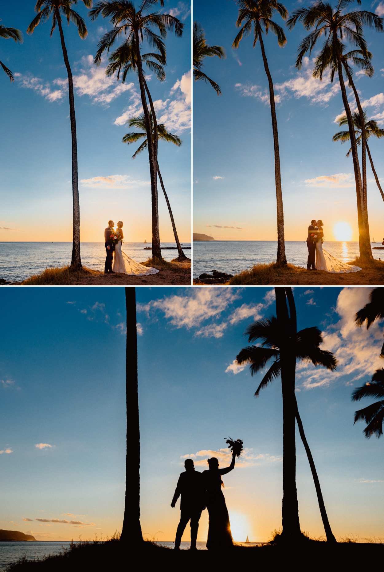 Bride and Groom in Haleiwa Beach park sunset shot