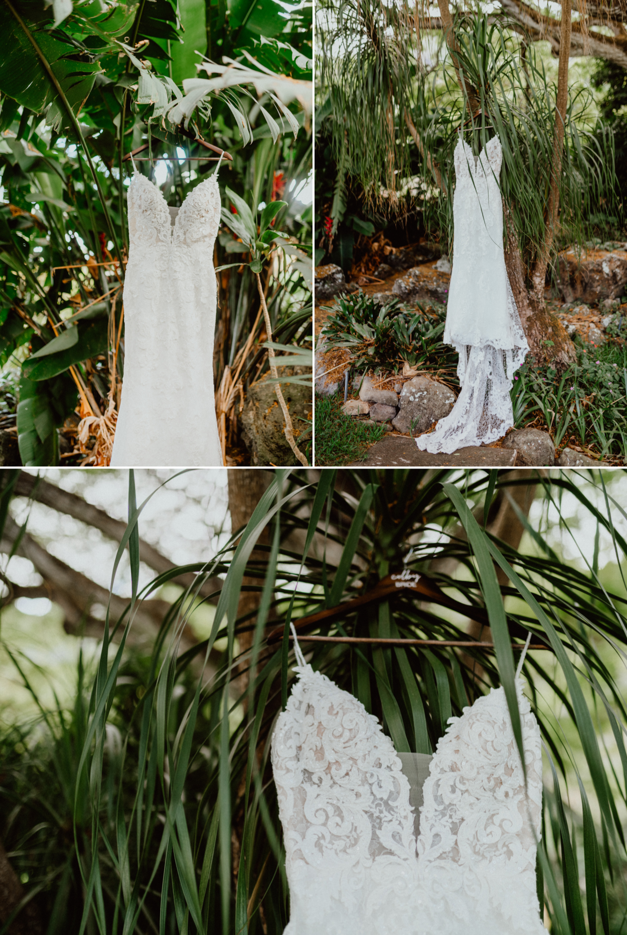 Wedding dress in Paliku Gardens Venue at Kualoa Ranch Jurassic Park Themed Wedding