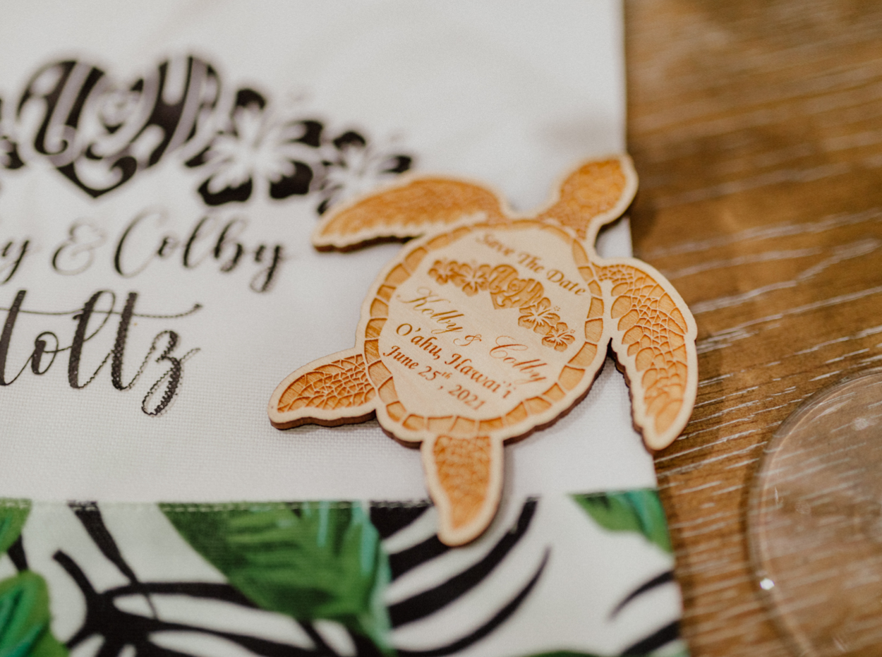 Cute turtle giveaway wedding in Paliku Gardens Venue at Kualoa Ranch Jurassic Park Themed Wedding