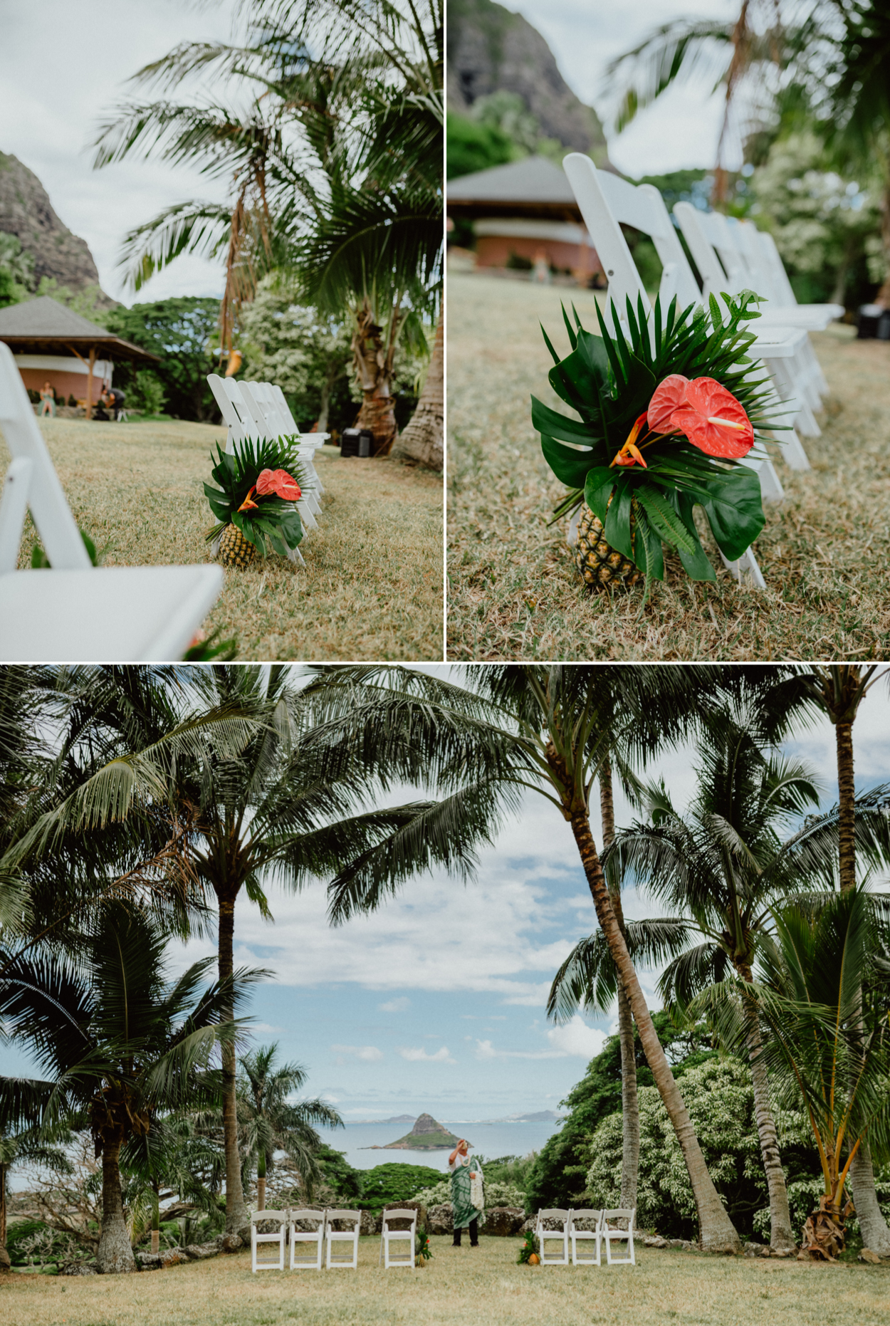 Chinaman's hat view of the wedding venue in Paliku Gardens Venue at Kualoa Ranch Jurassic Park Themed Wedding