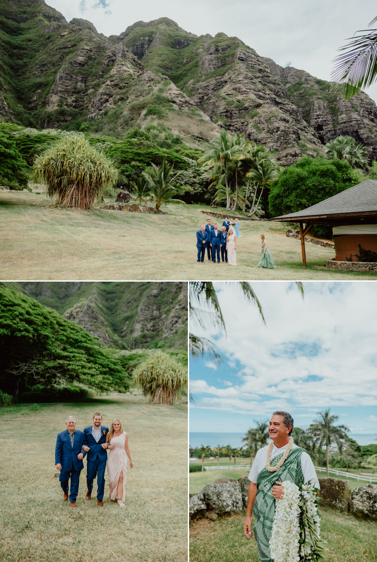 Groom escorted by his parents to his wedding ceremony in Paliku Gardens  Jurassic Park Themed Wedding