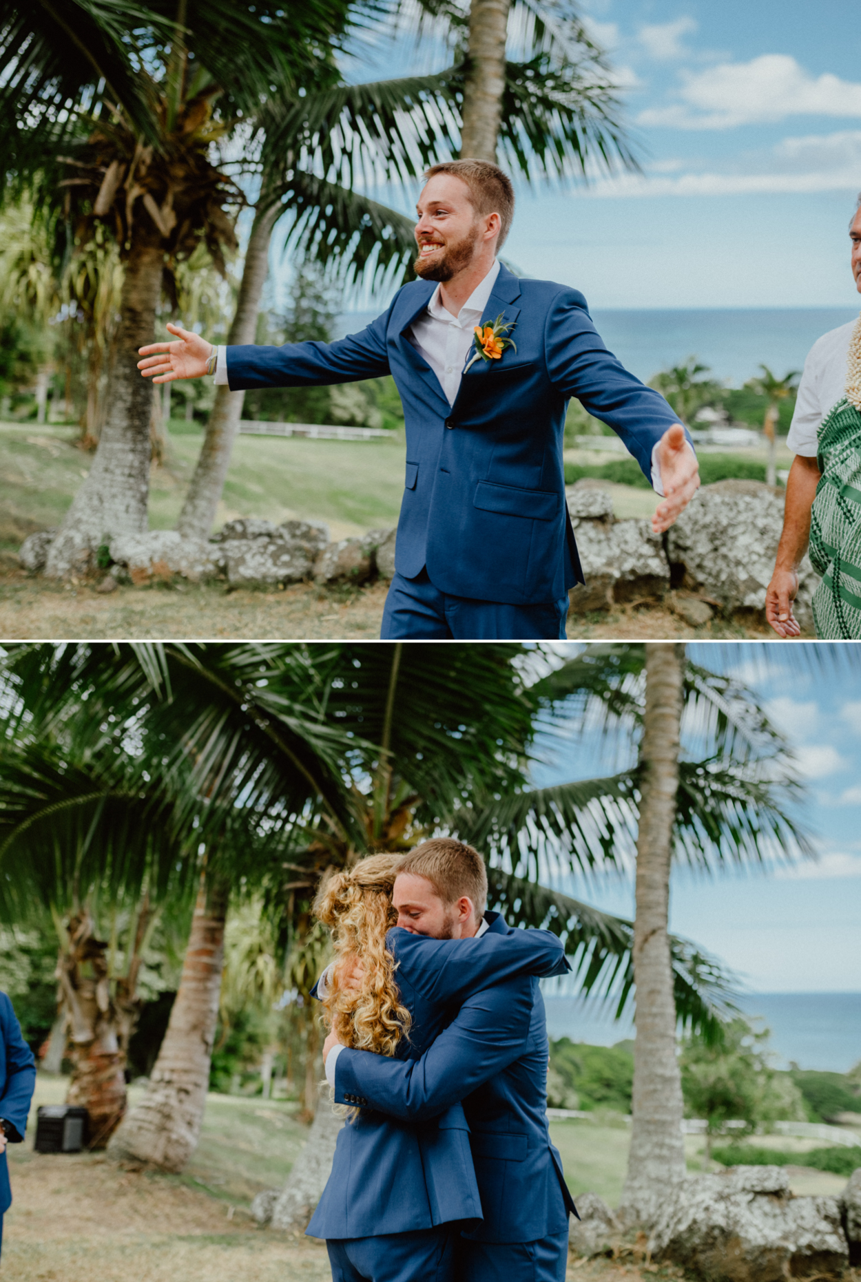 Groom embracing his brother before the wedding ceremony in Paliku Gardens  Jurassic Park Themed Wedding