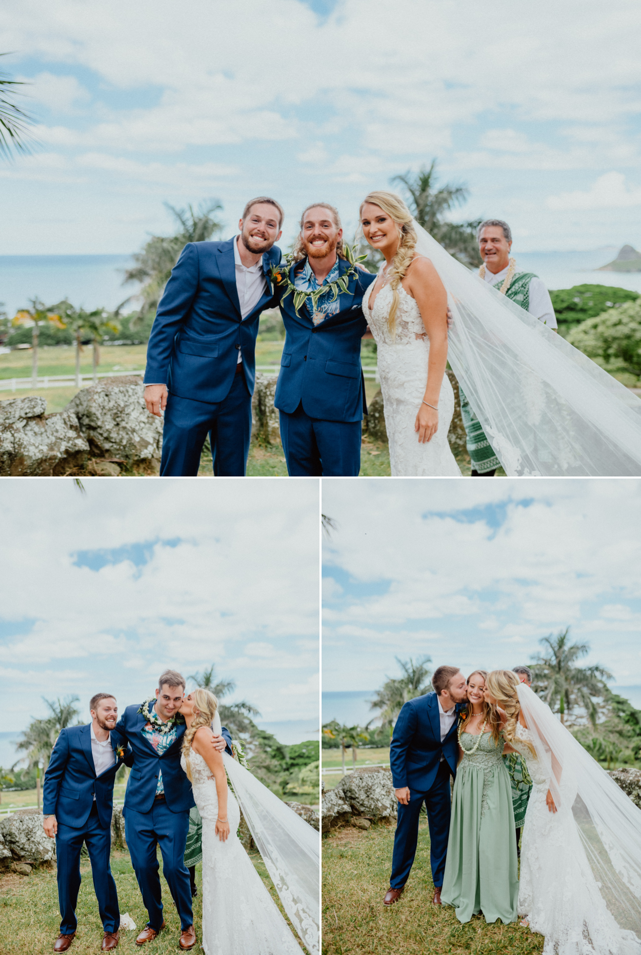 Bride and Groom posing with their brothers and sisters in Paliku Gardens Venue at Kualoa Ranch wedding with Chinaman's hat background