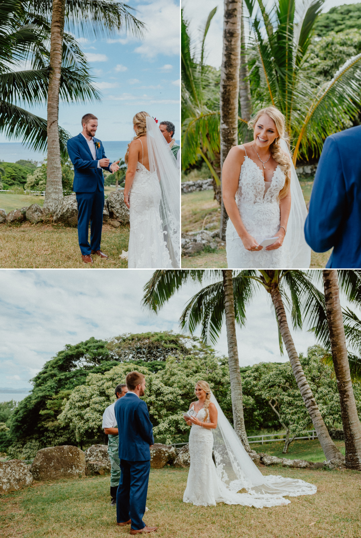 Bride and Groom exchanging vows with Chinaman's hat backdrop in Paliku Gardens Venue at Kualoa Ranch
