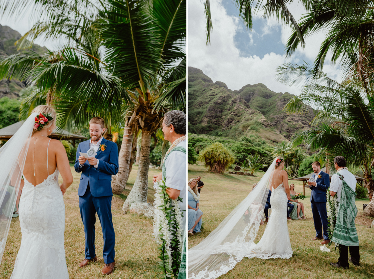 Bride and Groom exchanging vows in Paliku Gardens Venue at Kualoa Ranch