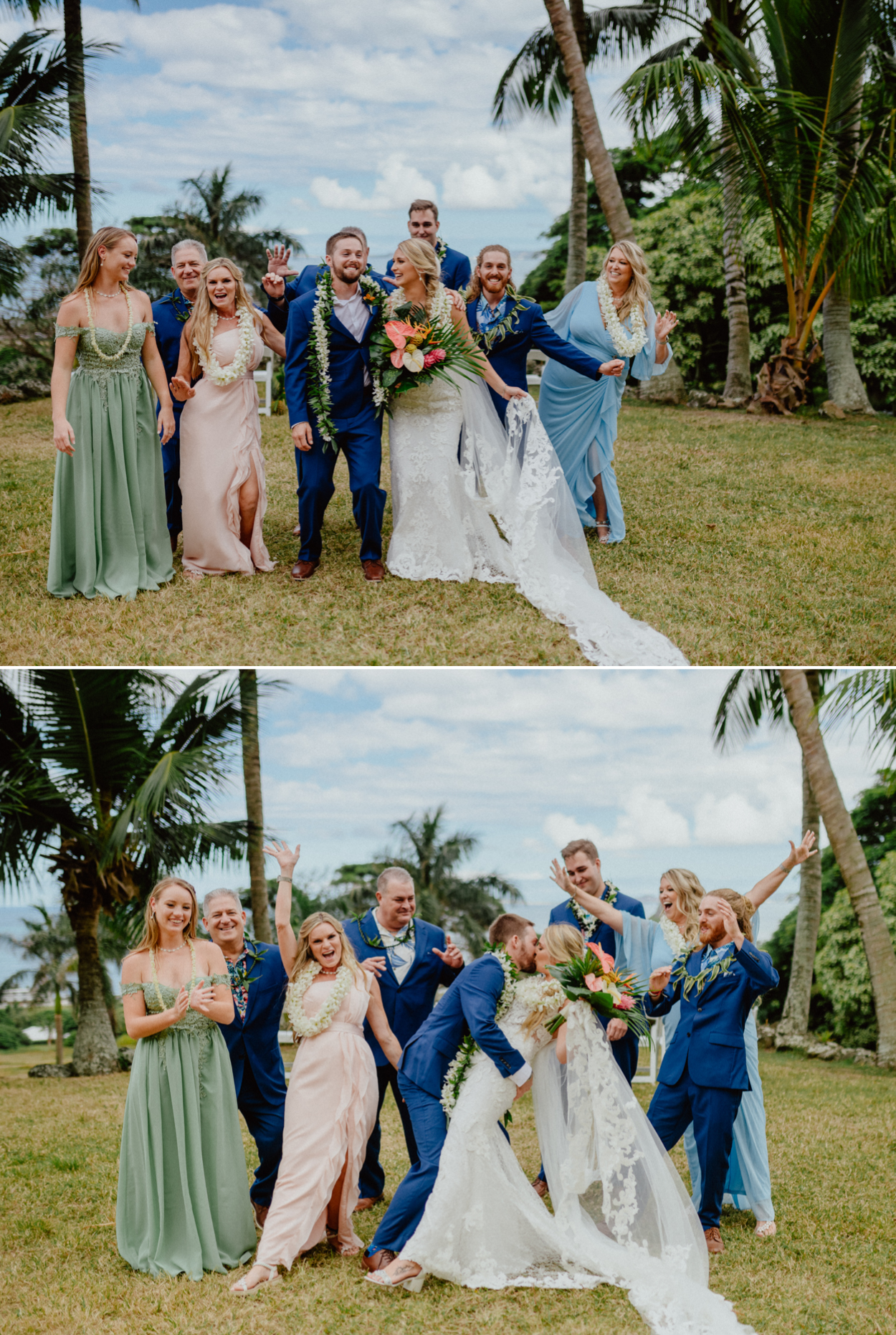 Bride, Groom, and guests celebrating in Paliku Gardens Venue at Kualoa Ranch wedding with Chinaman's hat background