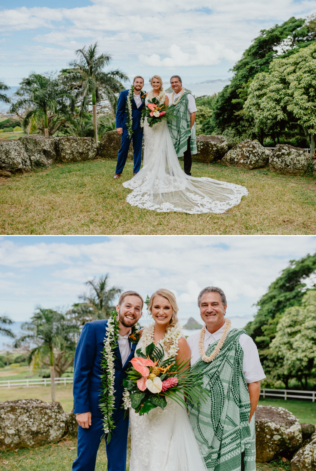 Bride and Groom with Kahu in Paliku Gardens Venue at Kualoa Ranch wedding with Chinaman's hat background
