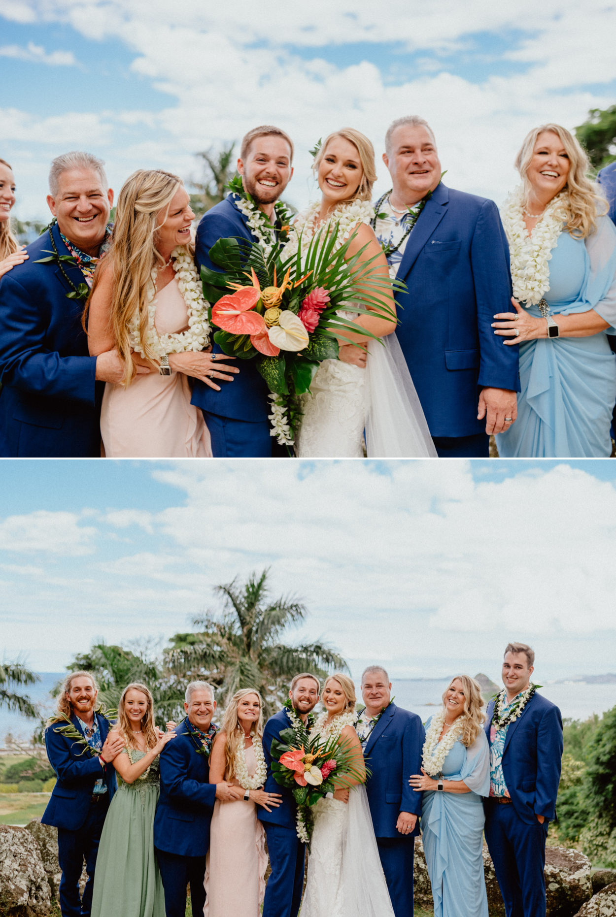 Bride and Groom with their families in Paliku Gardens Venue at Kualoa Ranch wedding with Chinaman's hat background