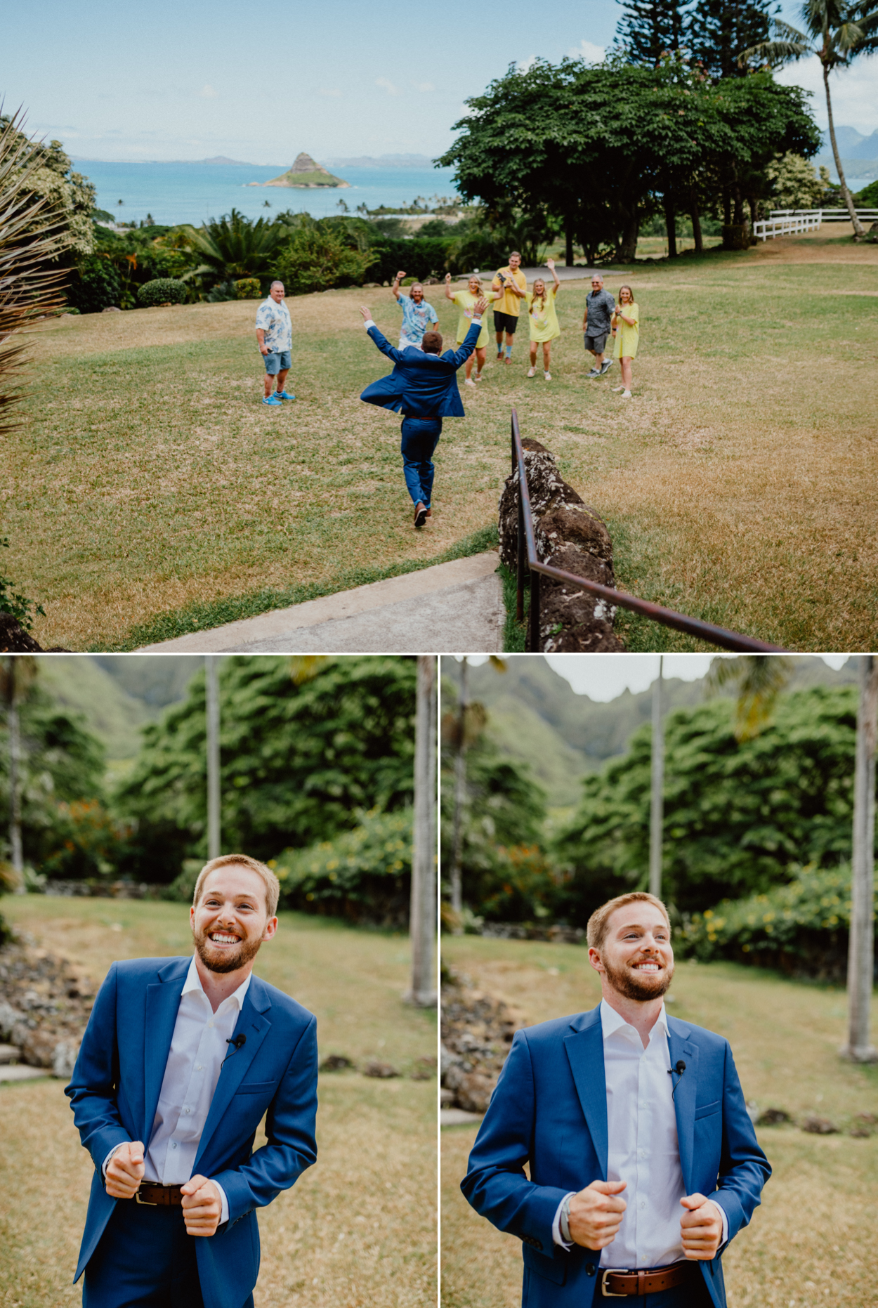 Excited groom waiting for his bride Jurassic Park themed wedding
