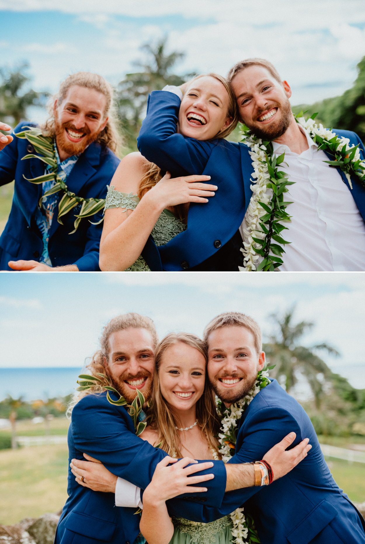 Bride and Groom family pictures in Paliku Gardens Kualoa Ranch wedding with Chinaman's hat backdrop