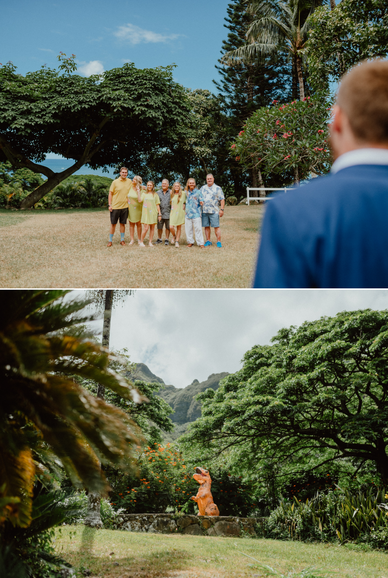 Bride about to surprise her groom in a dinosaur costume in Paliku Gardens Venue at Kualoa Ranch Jurassic Park themed wedding