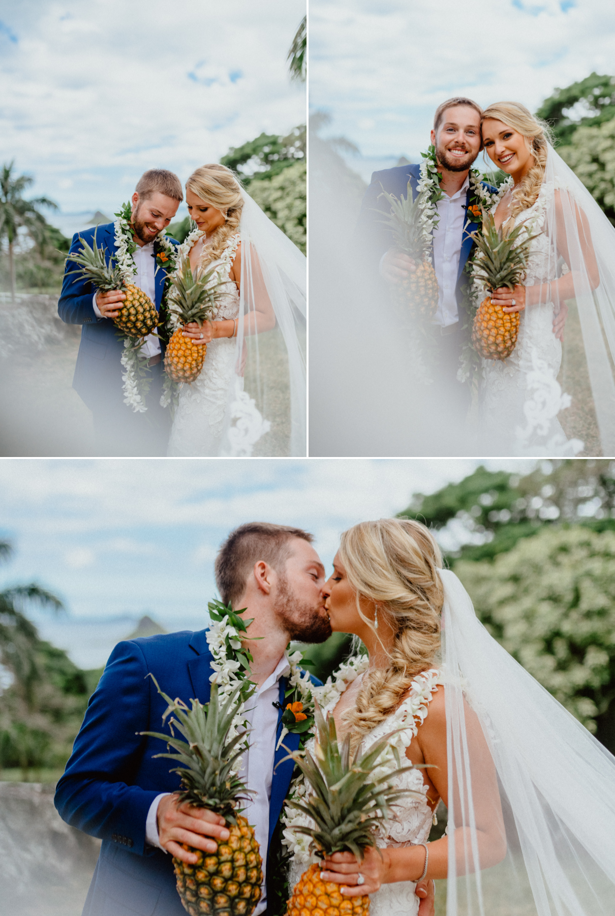 Bride and Groom with pineapples in Paliku Gardens Kualoa Ranch wedding 