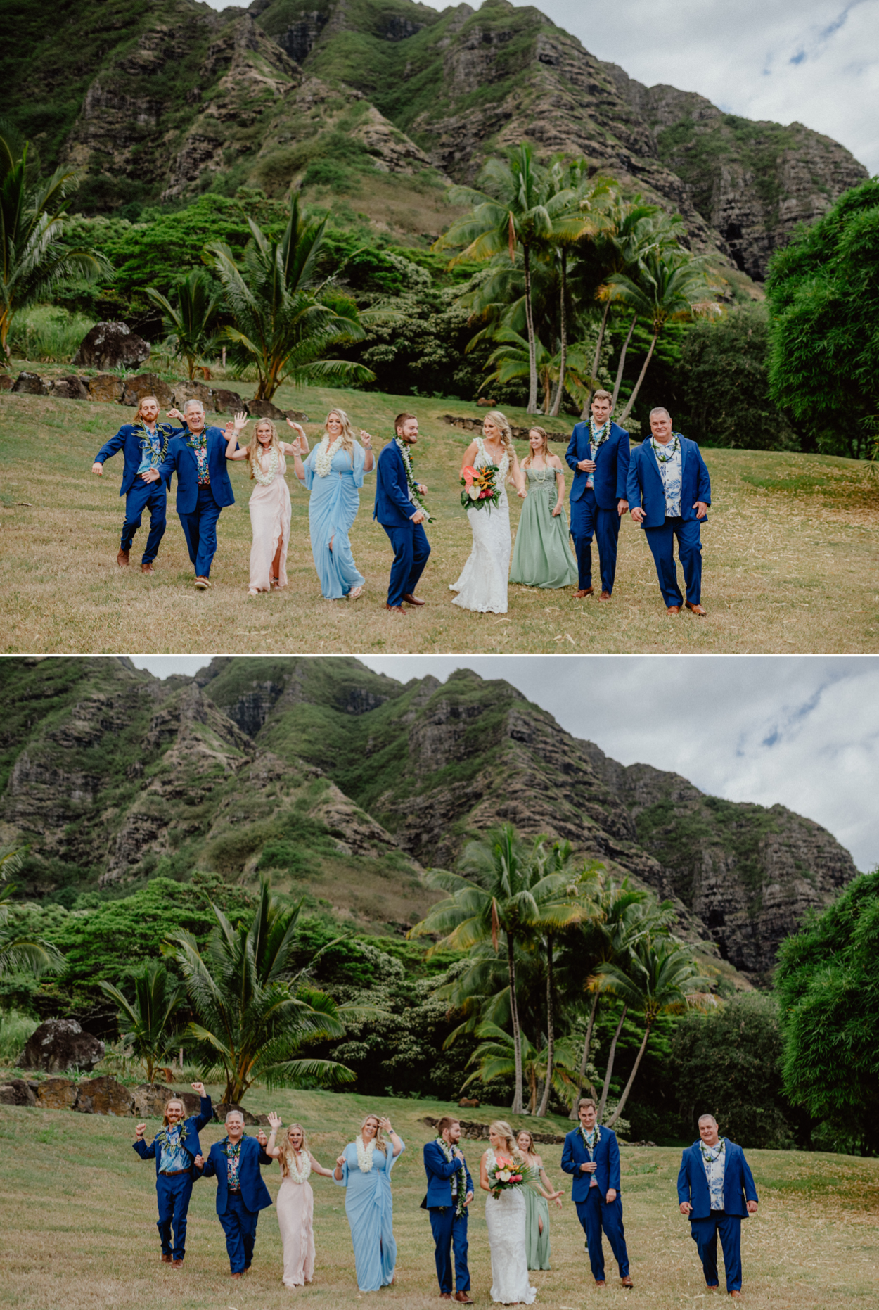 Bride and Groom with family in Paliku Gardens Kualoa Ranch wedding with Koʻolau Range backdrop