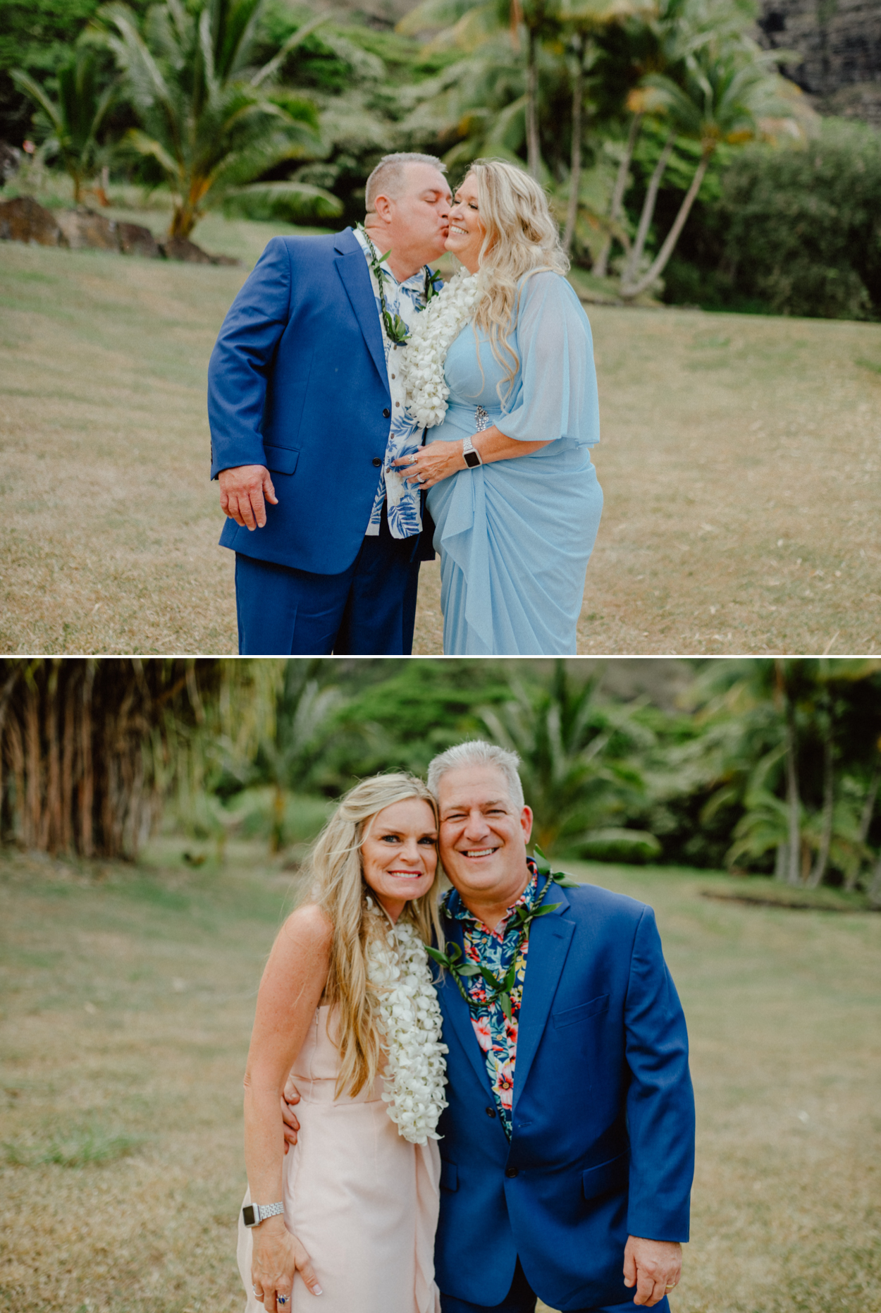 Bride and Grooms parents in Paliku Gardens Kualoa Ranch wedding with Koʻolau Range backdrop