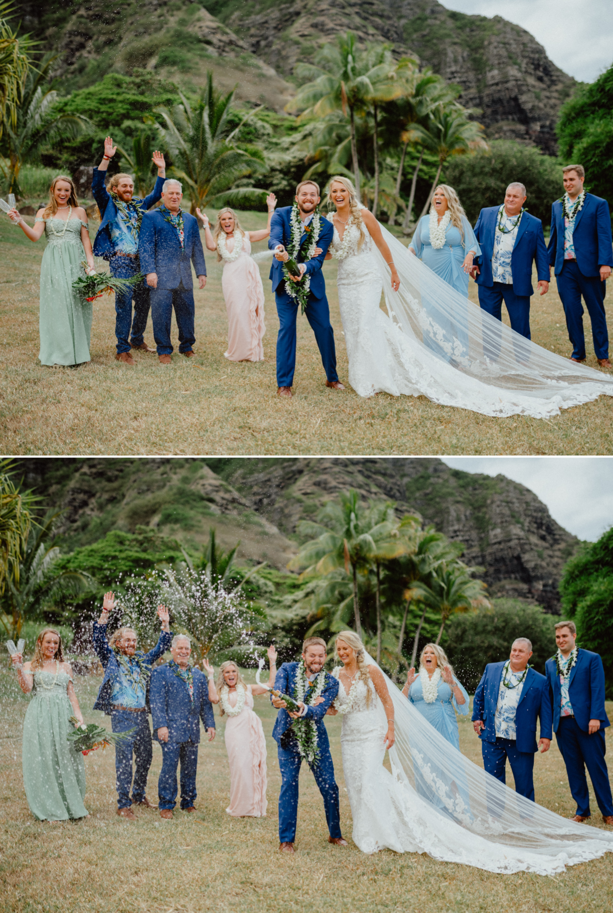 Bride and Grooms with guests in Paliku Gardens Kualoa Ranch wedding with Koʻolau Range backdrop