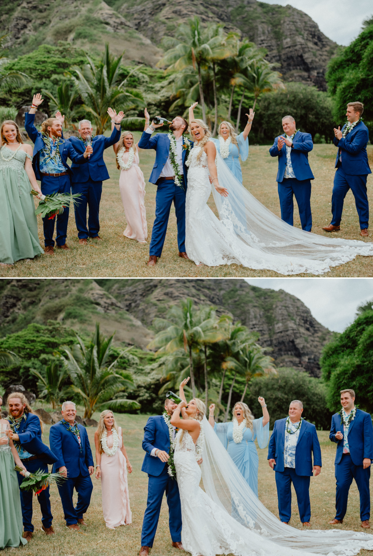 Bride and Grooms drinking champagne with guests in Paliku Gardens Kualoa Ranch wedding with Koʻolau Range backdrop