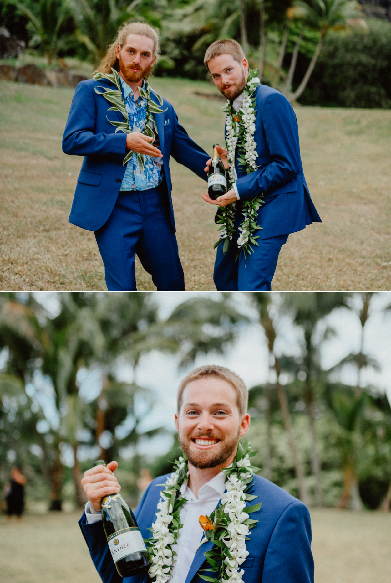 Groom and his brother with a bottle of champagne in Paliku Gardens Kualoa Ranch wedding with Koʻolau Range backdrop
