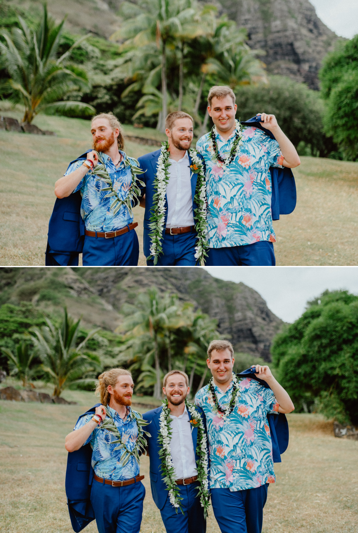 Groom and groomsmen in Paliku Gardens Kualoa Ranch wedding with Koʻolau Range backdrop