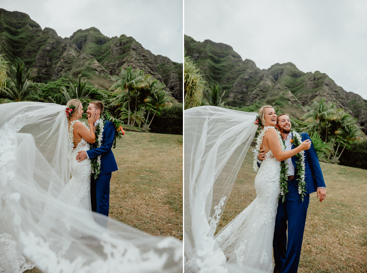 Bride and groom enjoying the scenery in Paliku Gardens Kualoa Ranch wedding with Koʻolau Range backdrop