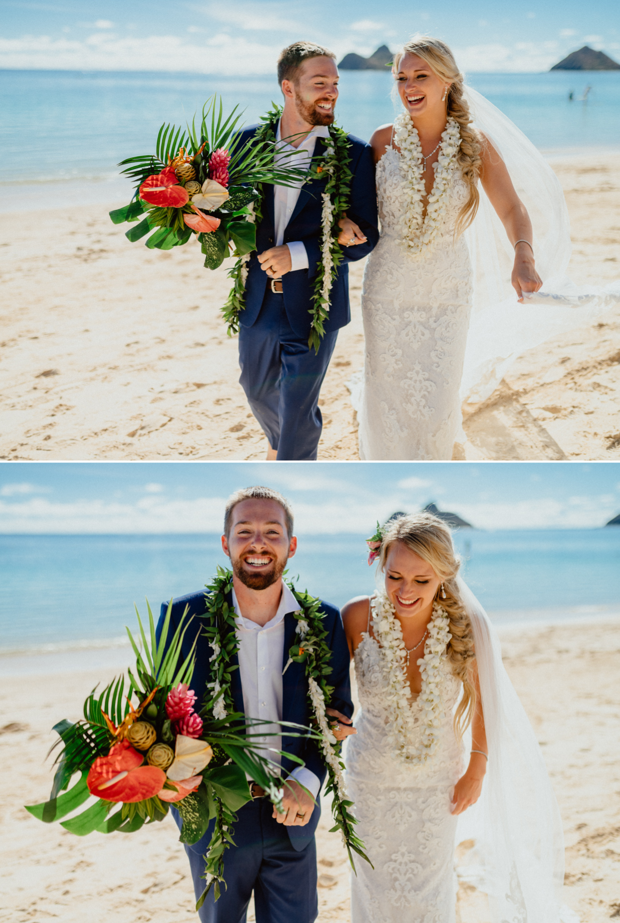 Bride and groom having fun in Lanikai Beach