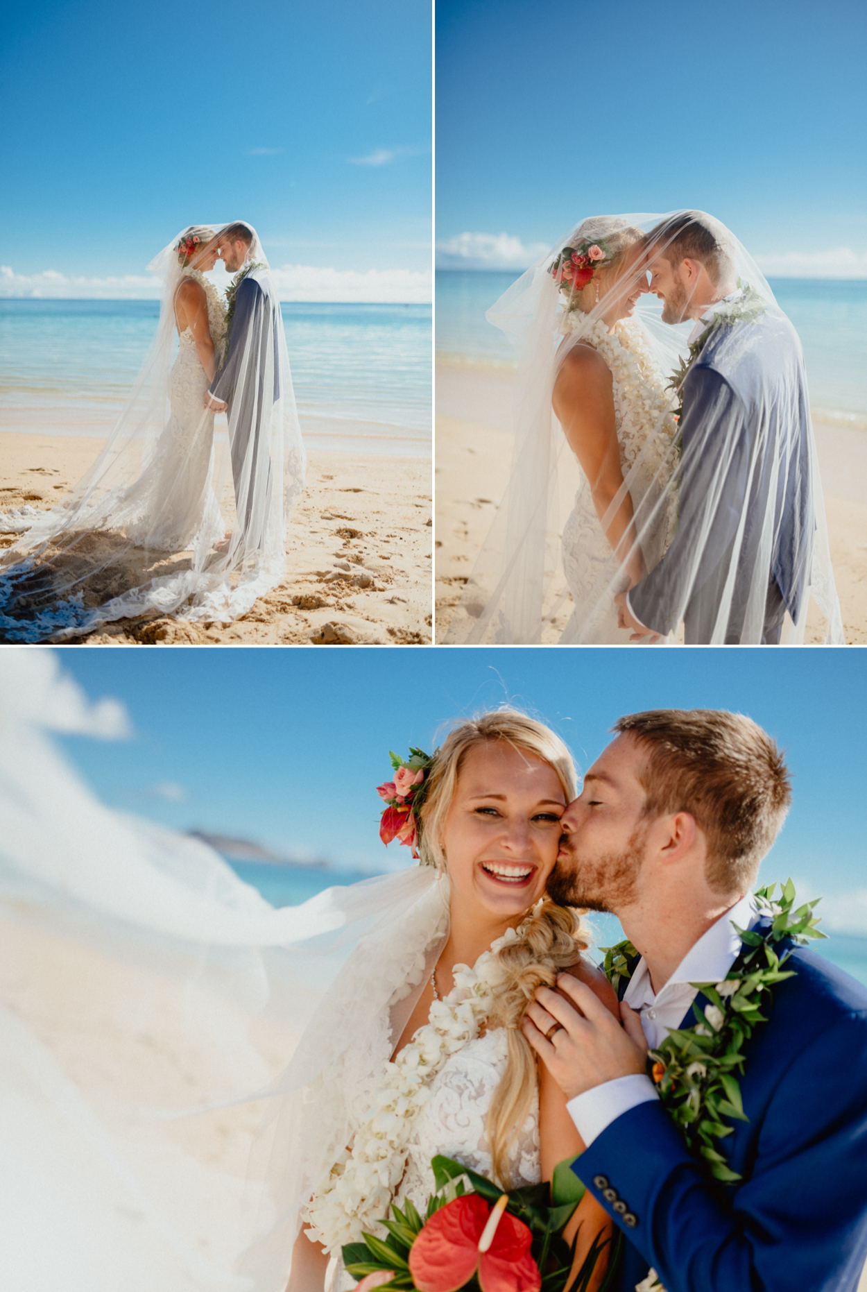 Bride and groom veil shots in Lanikai Beach
