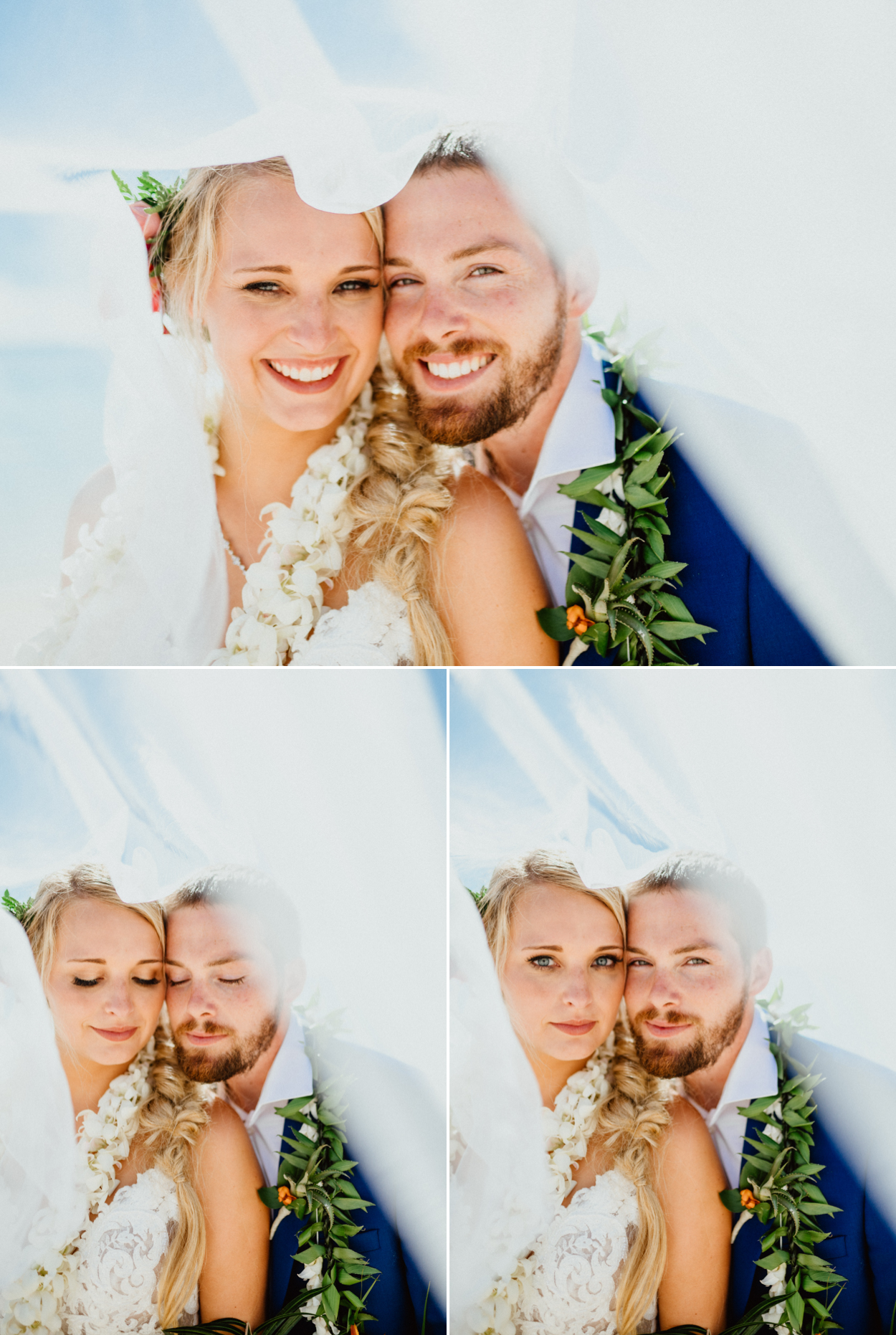 Veil shots of Bride and groom in Lanikai Beach