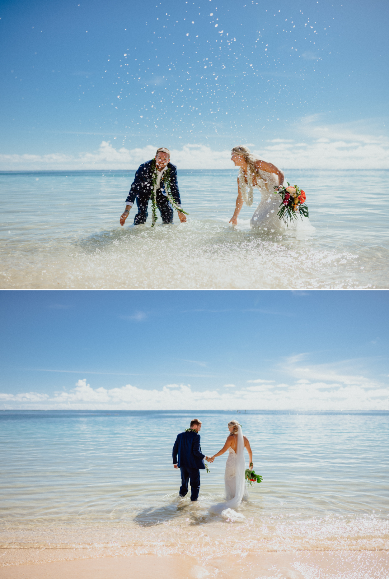 Bride and groom playing in the water in Lanikai Beach