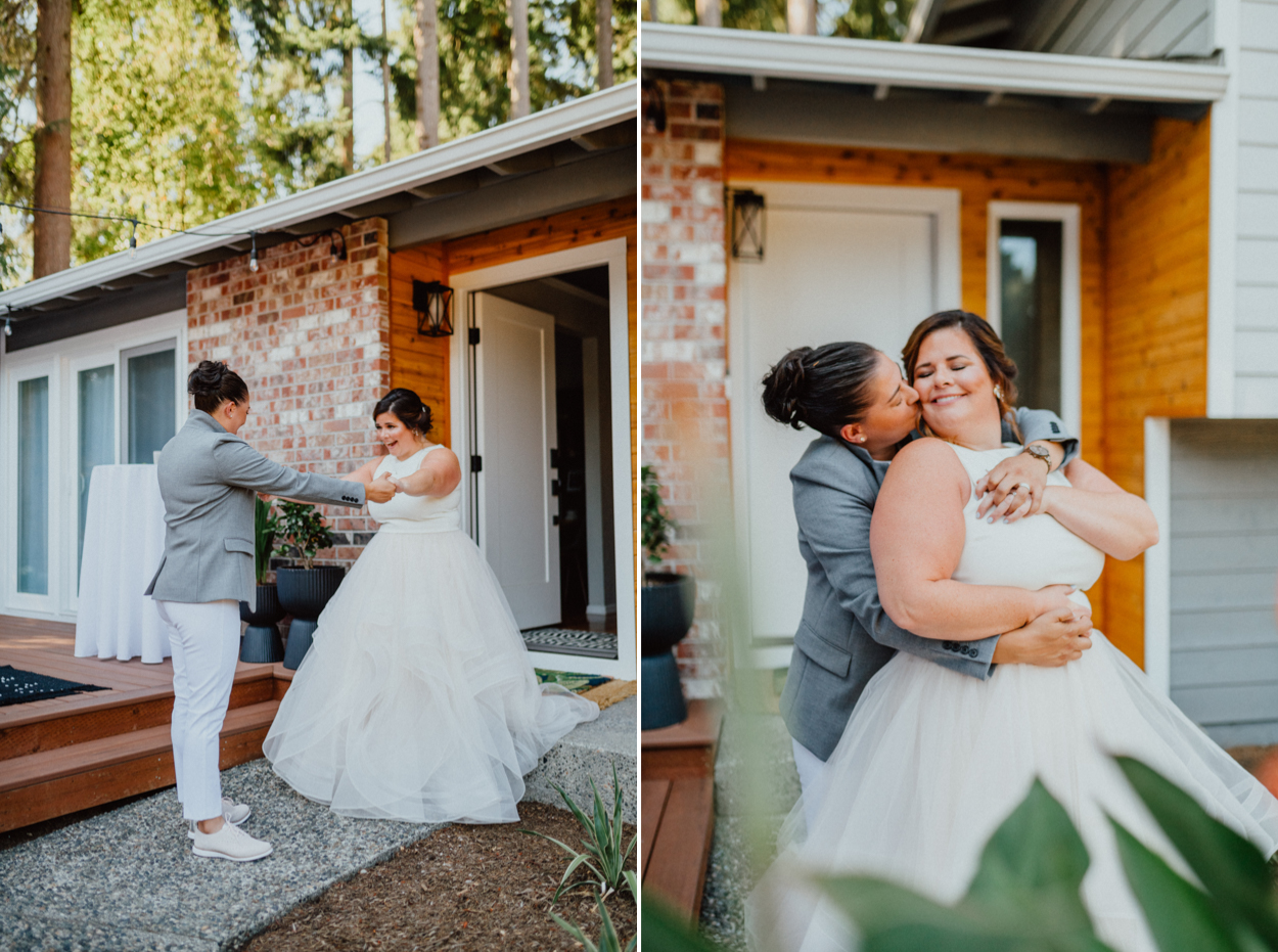 Groom giving bride a back hug Seattle Backyard Elopement 