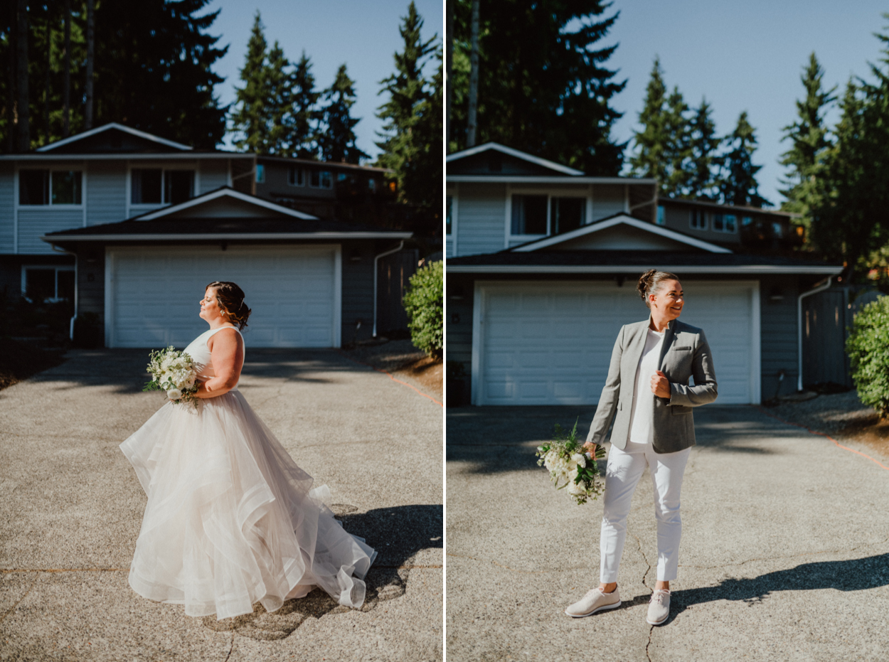 Bride and groom in front of garage Seattle Backyard Elopement 