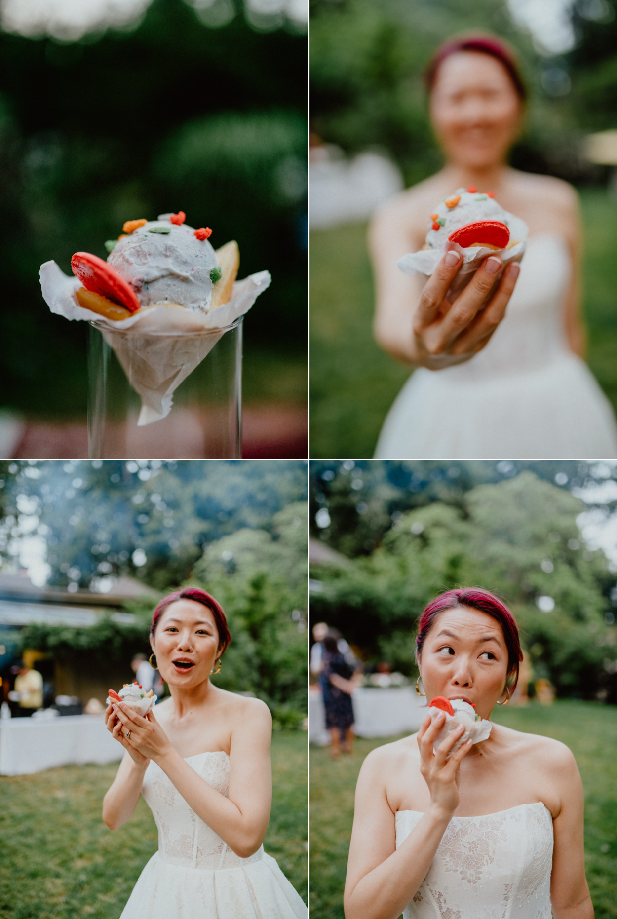 Bride eating ice cream by Pink's ice cream / Macadons