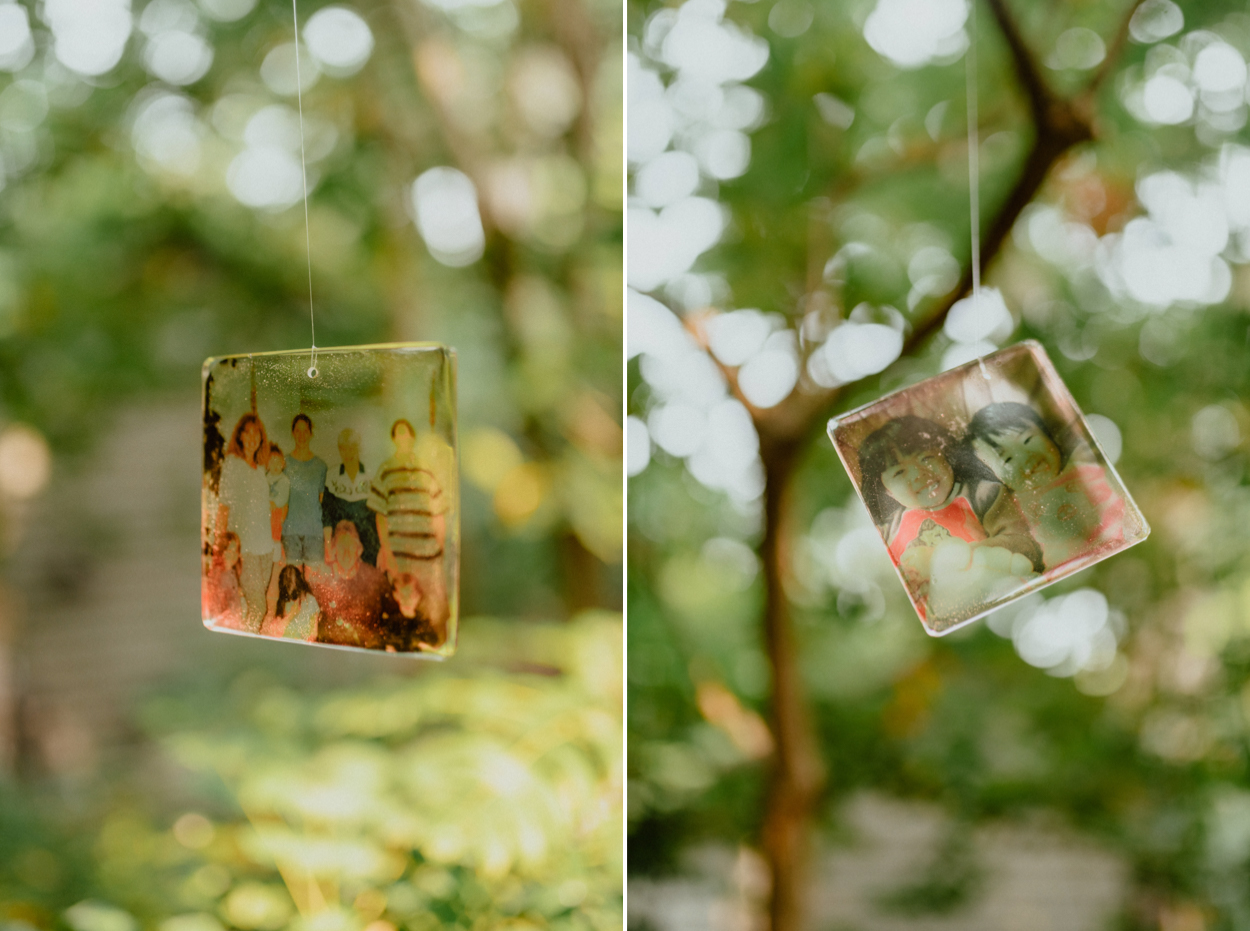 Dunn Gardens wedding details, old photographs hanging on trees