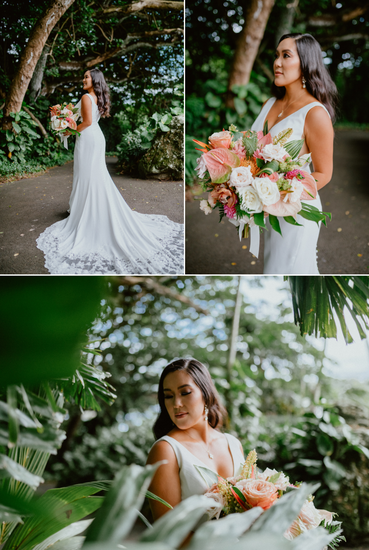 Moli'i fishpond Hawaii wedding bride holding her bouquet