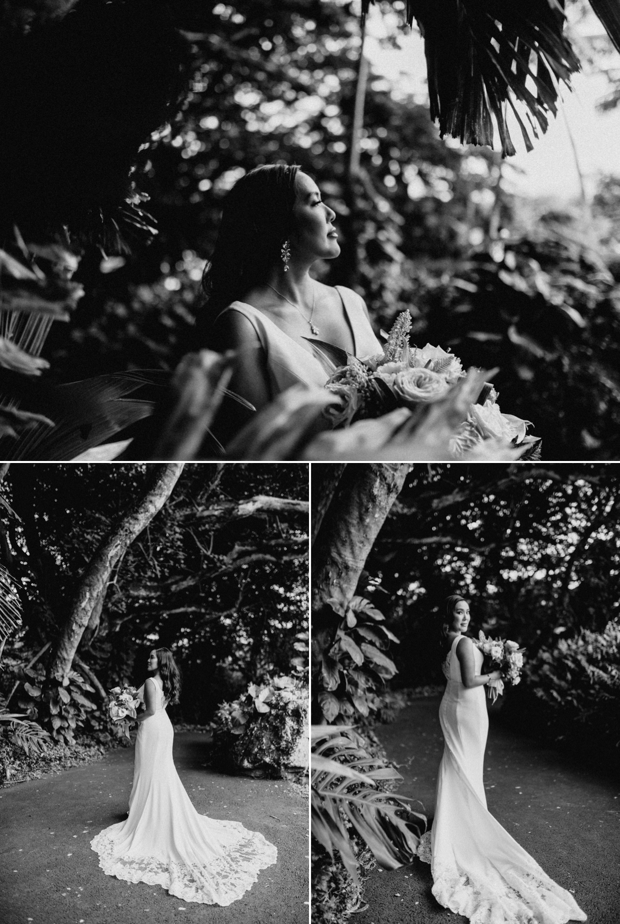 Moli'i fishpond Hawaii wedding bride holding her bouquet black and white