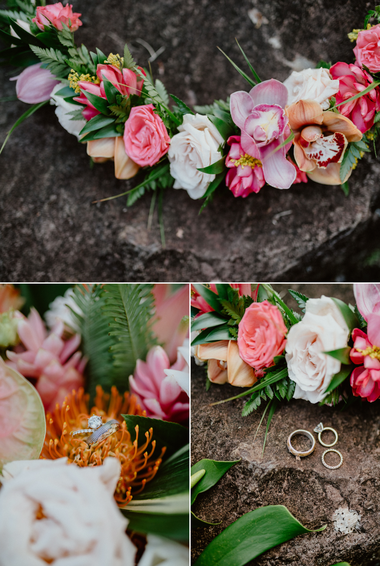 Moli'i fishpond Hawaii wedding flowers and rings