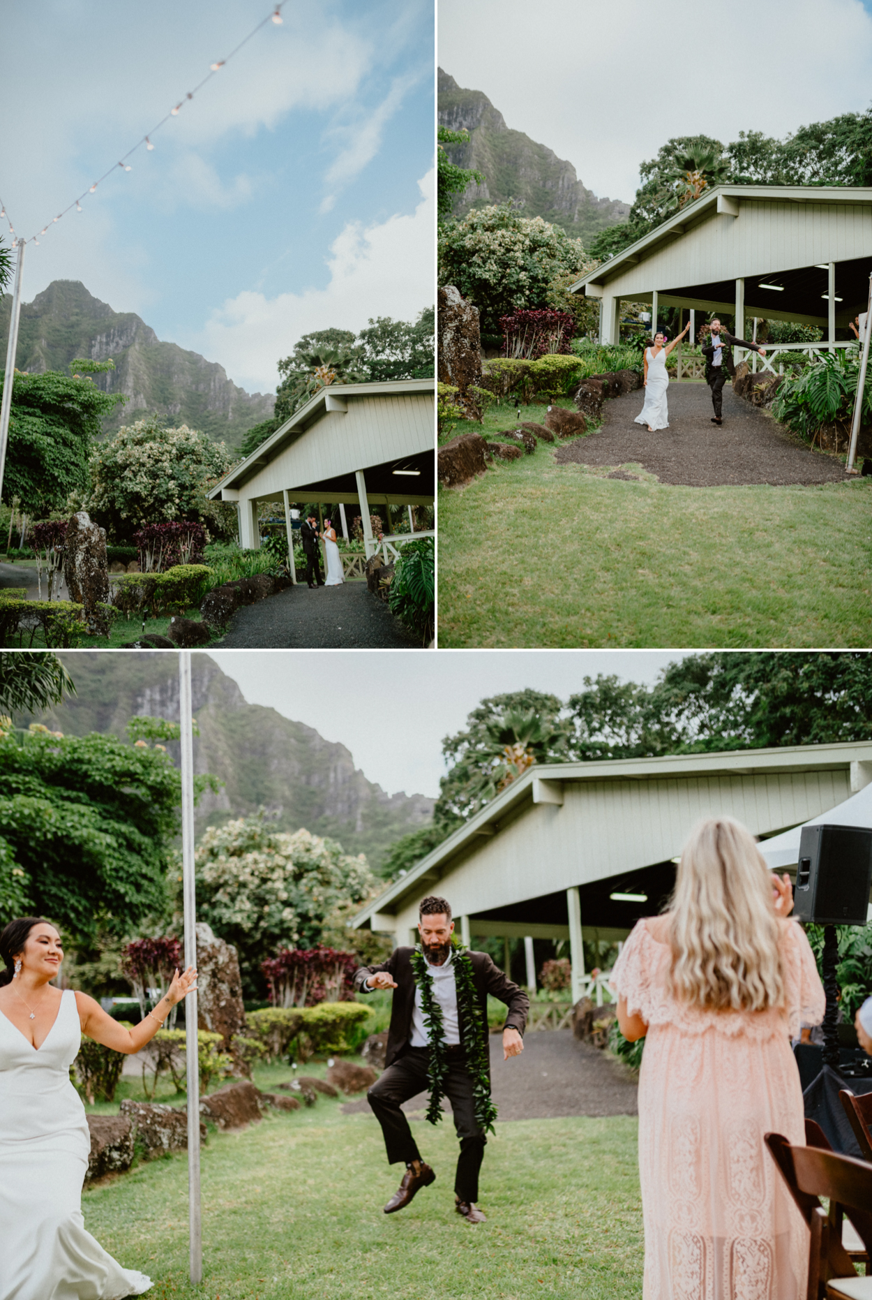 Moli'i fishpond Hawaii wedding reception groom and bride dancing
