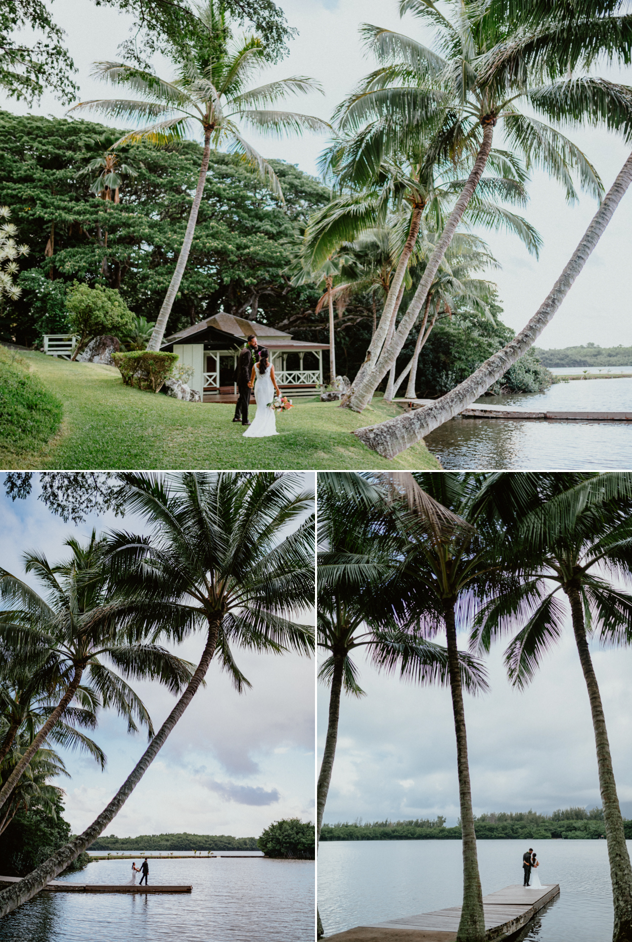 Moli'i fishpond Hawaii wedding bride and groom by the pond