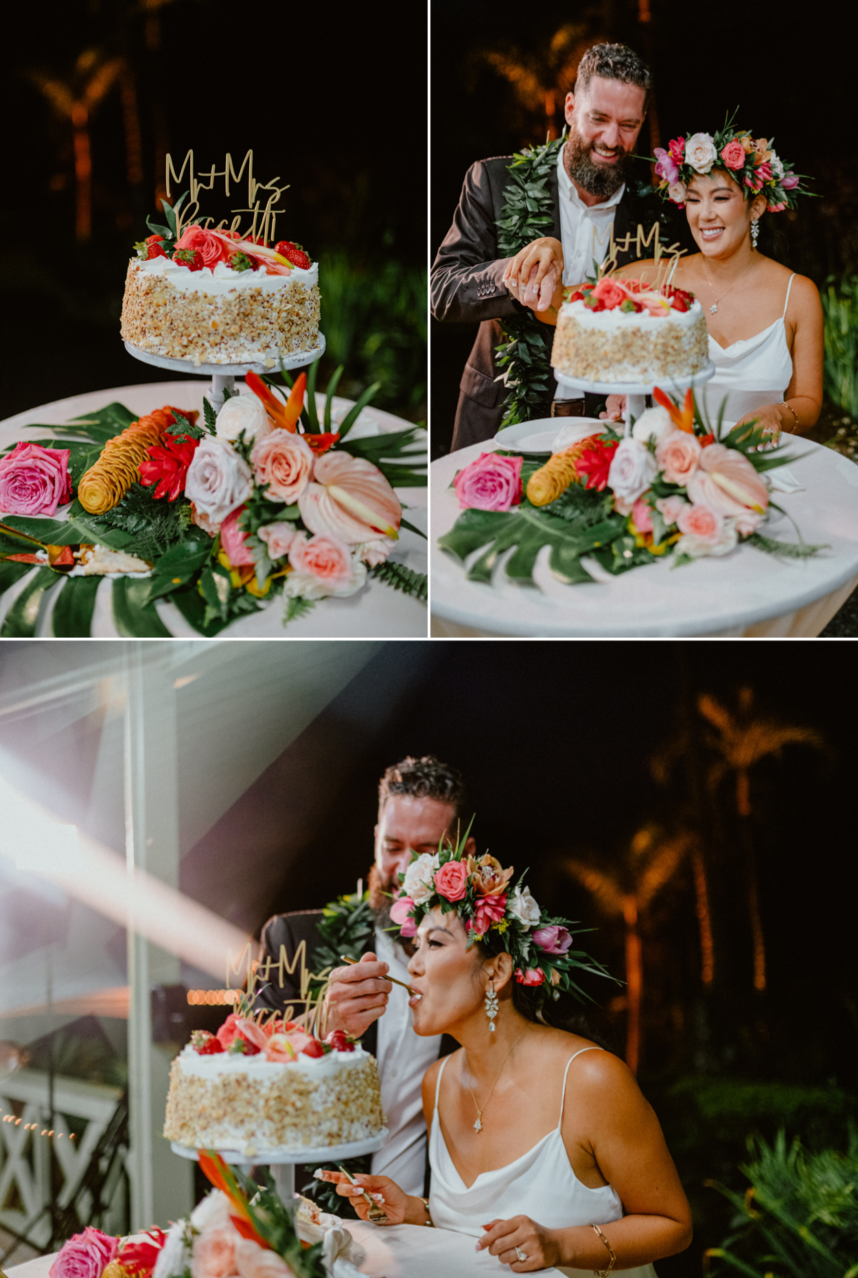 Moli'i fishpond Hawaii wedding cake and couples kiss