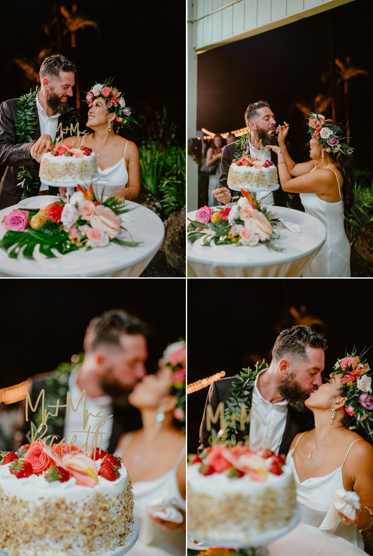 Moli'i fishpond Hawaii wedding cake and couples kiss