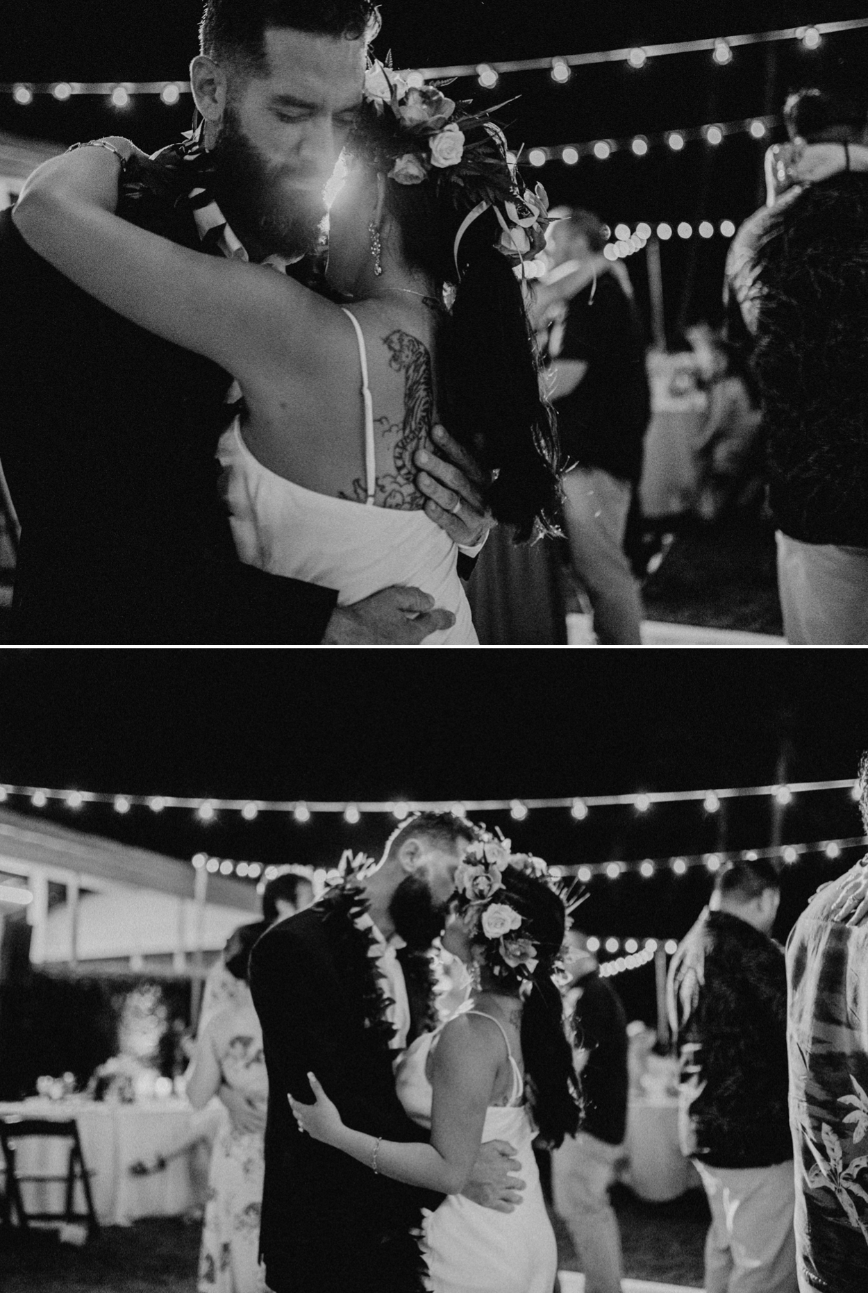 Moli'i fishpond Hawaii bride and groom romantic dance and kiss. Black and white.