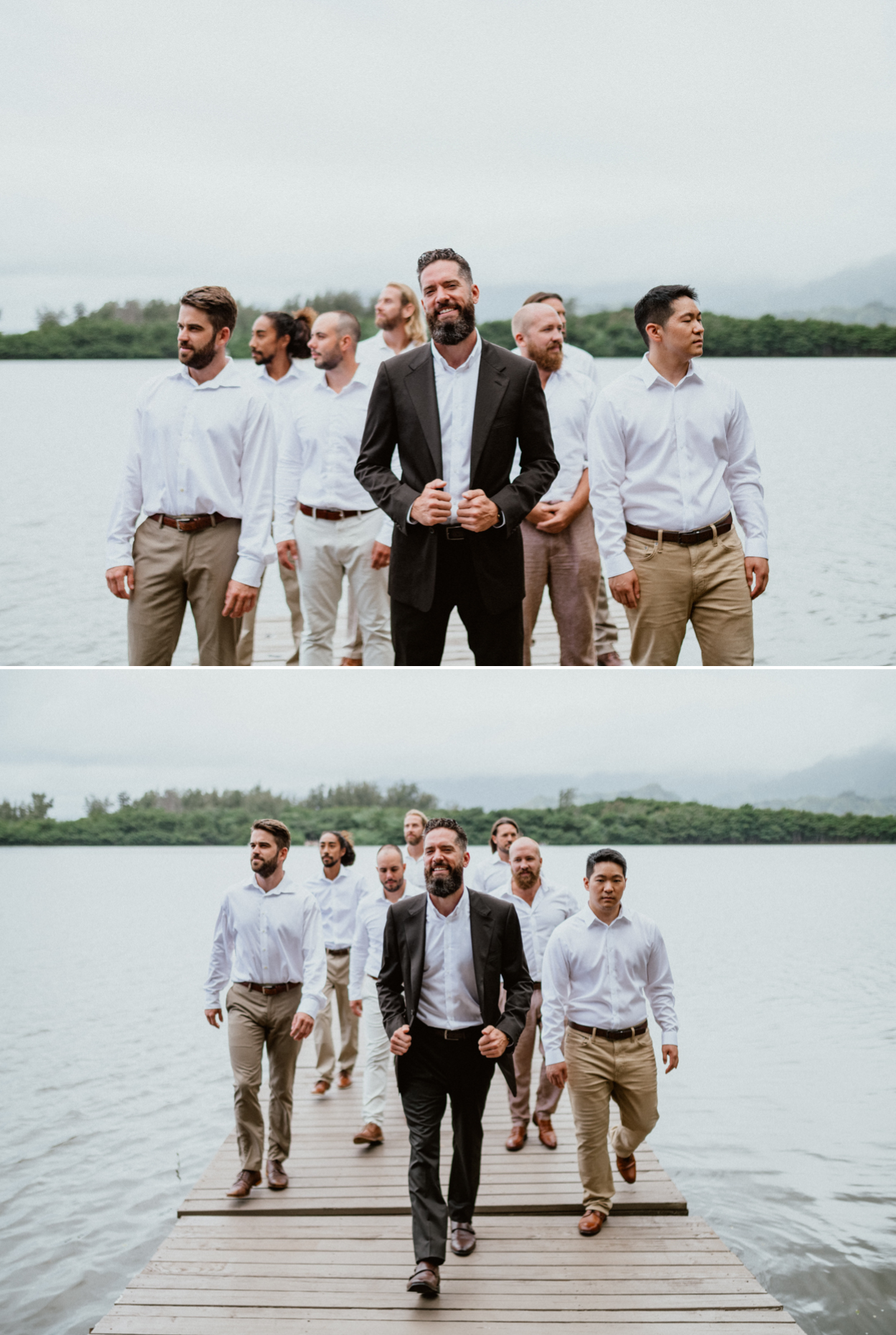 Moli'i fishpond Hawaii wedding groom with the groomsmen on the dock