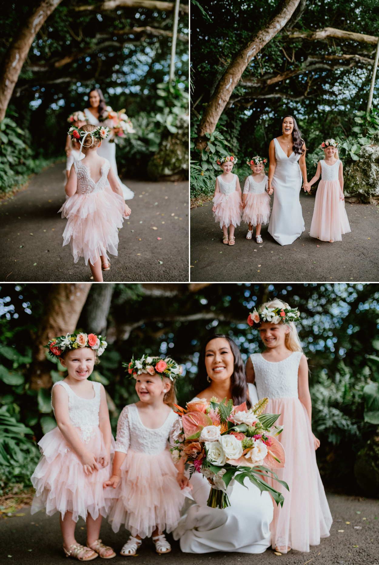 Moli'i fishpond Hawaii wedding bride with the flower girls