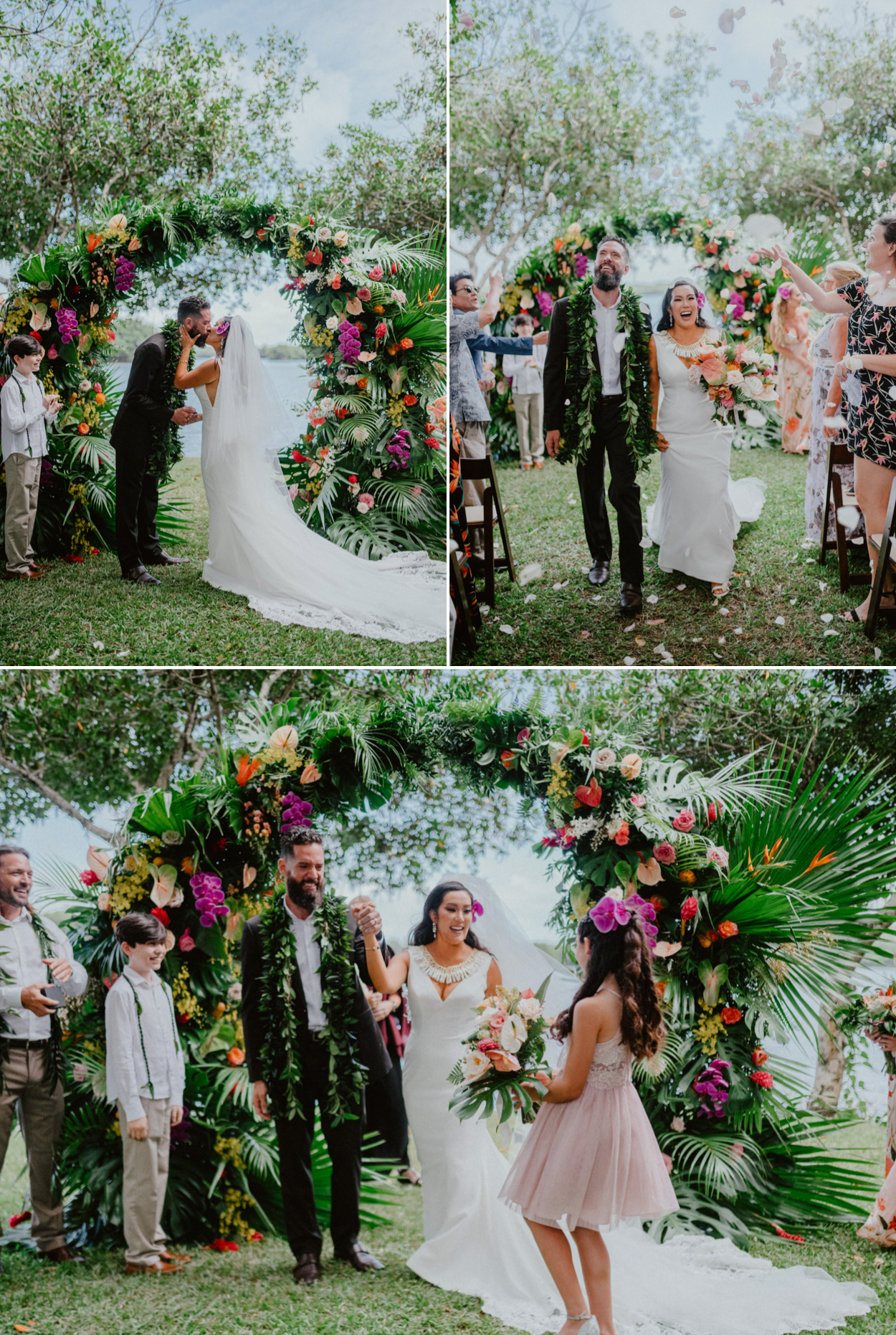 Moli'i fishpond Hawaii bride and groom wedding ceremony kiss