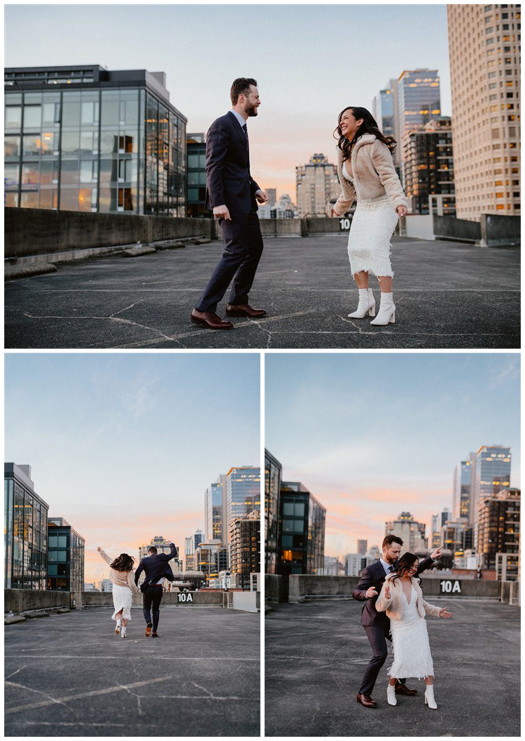 bride and groom dancing together downtown seattle 

